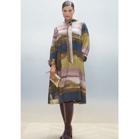 Couchel Shift Satin Midi Dress Plus Size 2XL Printed Tie Neck Long Sleeve Whimsy - Picture 2 of 16